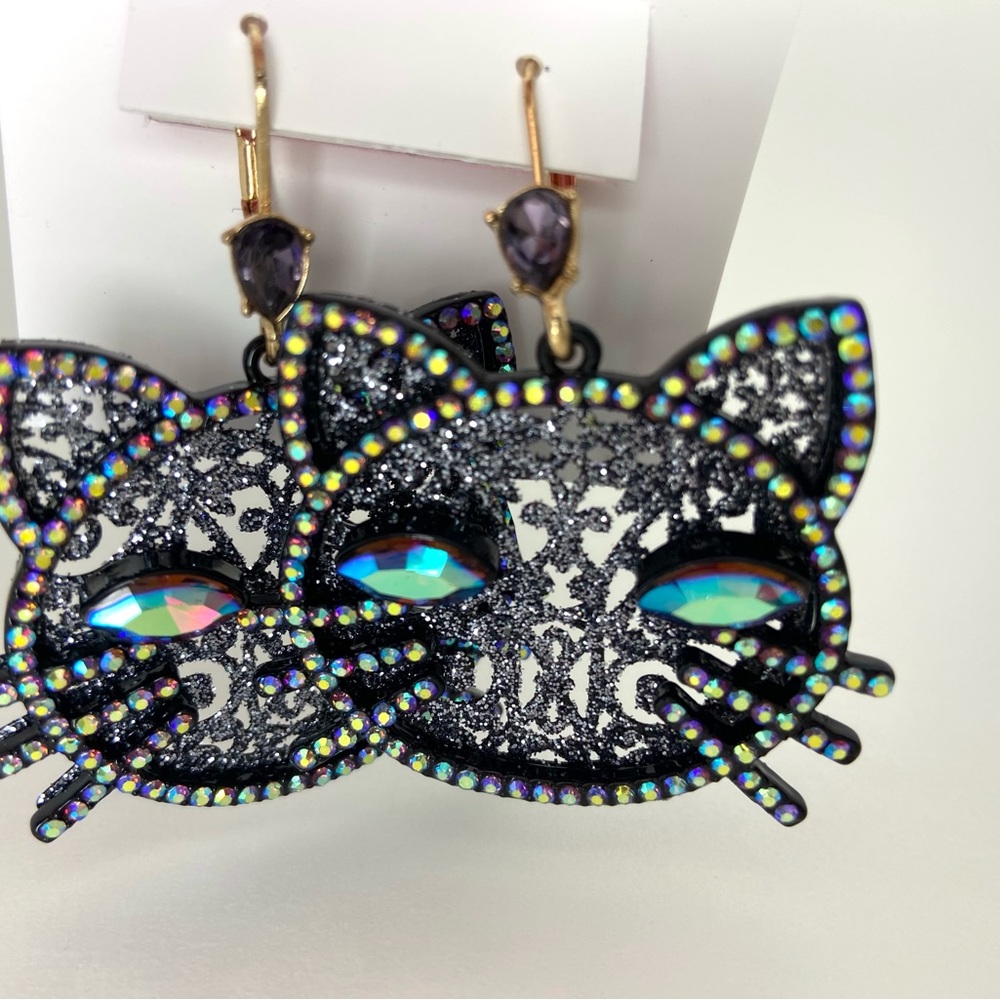 NWT Betsey Johnson Glitter Rhinestone Cat Drop Earrings